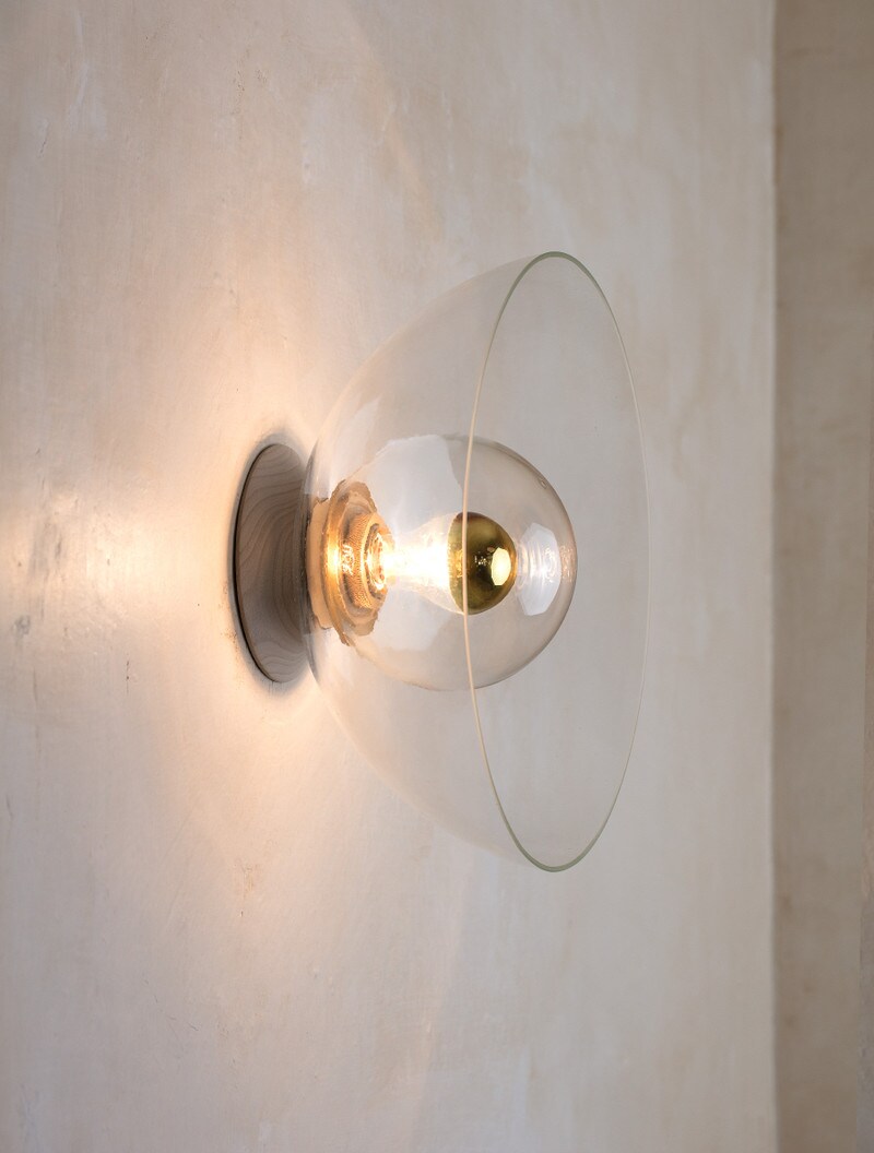 Glass Flush Half-Dome 14" shown in Clear Dome, Bleached Walnut, Clear Globe